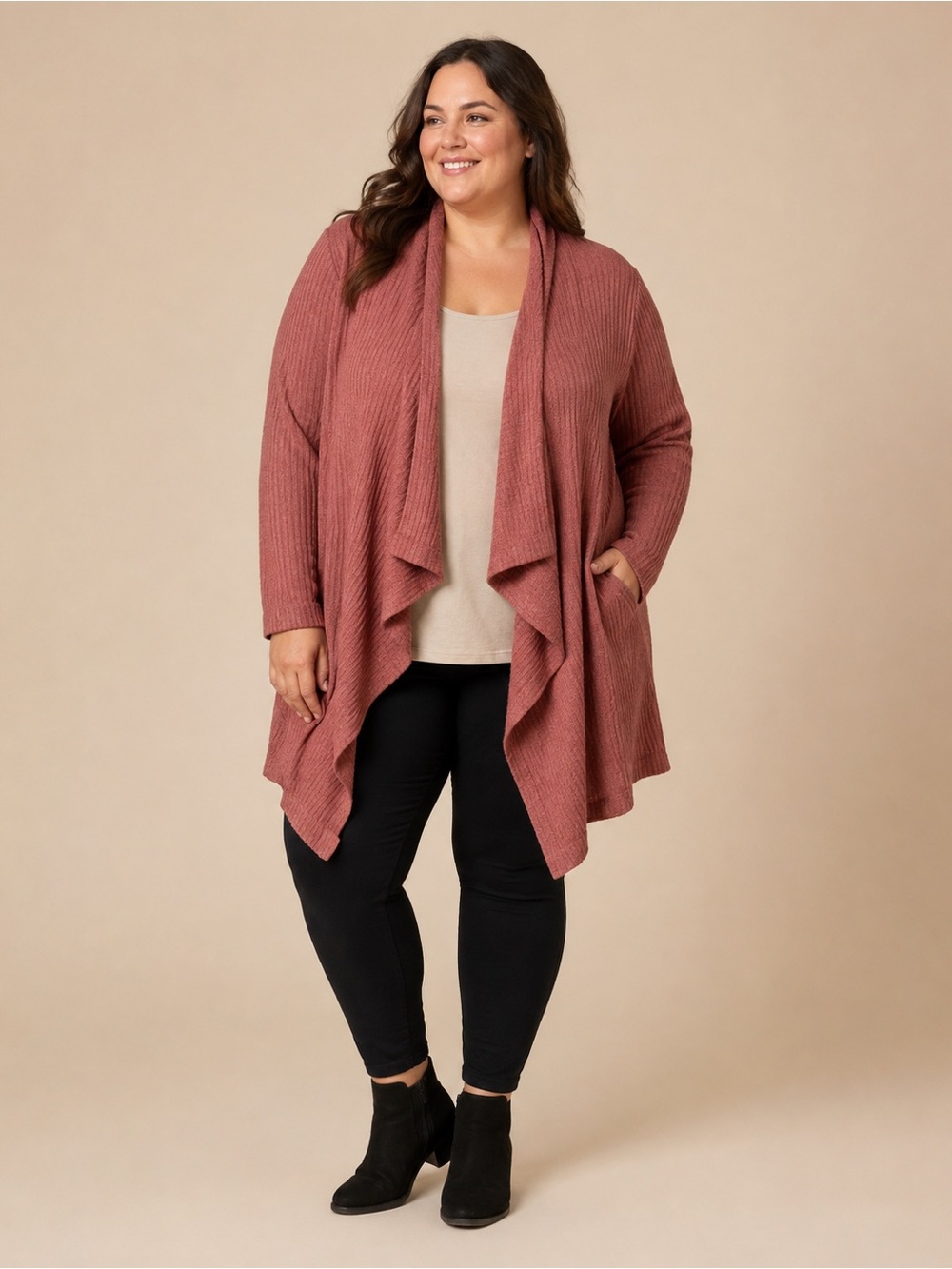 Maurices Womenβs 0X Rust Open Front Cardigan Duster Ribbed Knit Long Sleeve